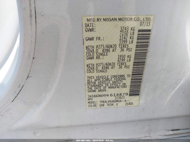 Продажа на аукционе авто 2015 Nissan Armada Sl, vin: 5N1BA0ND4FN614879, номер лота: 46011663