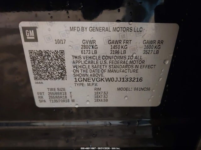Aukcja sprzedaży 2018 Chevrolet Traverse 1lt, vin: 1GNEVGKW0JJ133216, numer aukcji: 46011667