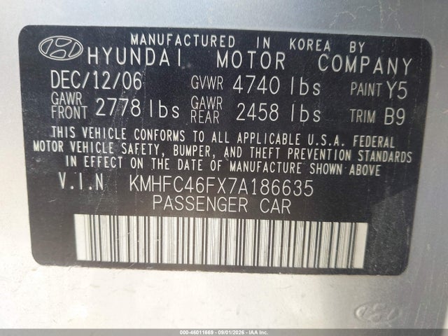 Продажа на аукционе авто 2007 Hyundai Azera Limited/se, vin: KMHFC46FX7A186635, номер лота: 46011669