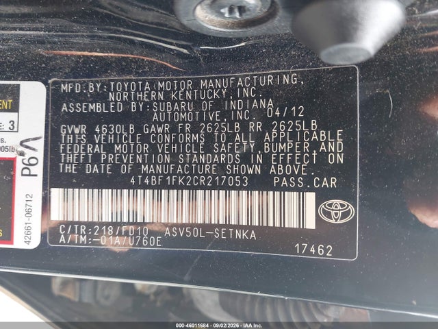 2012 Toyota Camry Le მანქანა იყიდება აუქციონზე, vin: 4T4BF1FK2CR217053, აუქციონის ნომერი: 46011684