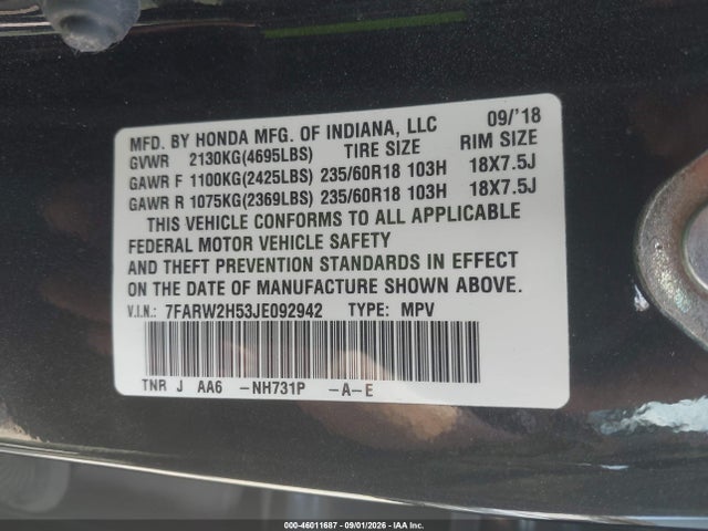 2018 Honda Cr-v Ex მანქანა იყიდება აუქციონზე, vin: 7FARW2H53JE092942, აუქციონის ნომერი: 46011687