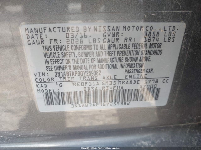 2016 Nissan Sentra Sr მანქანა იყიდება აუქციონზე, vin: 3N1AB7AP9GY259382, აუქციონის ნომერი: 46011694