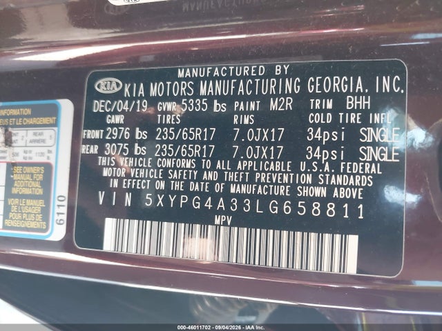 Продаж на аукціоні авто 2020 Kia Sorento 2.4l Lx, vin: 5XYPG4A33LG658811, номер лоту: 46011702