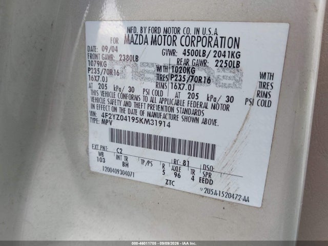 46011705 :رقم المزاد ، 4F2YZ04195KM31914 vin ، 2005 Mazda Tribute S مزاد بيع