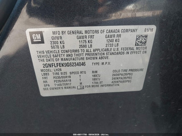 46011706 :رقم المزاد ، 2GNFLFEK9G6234046 vin ، 2016 Chevrolet Equinox Lt مزاد بيع