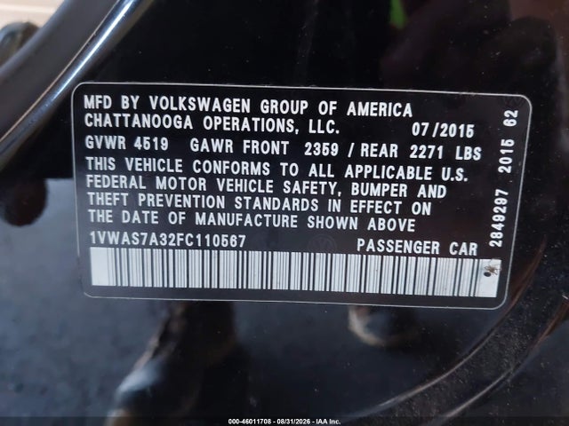 Aukcja sprzedaży 2015 Volkswagen Passat 1.8t Limited Edition, vin: 1VWAS7A32FC110567, numer aukcji: 46011708