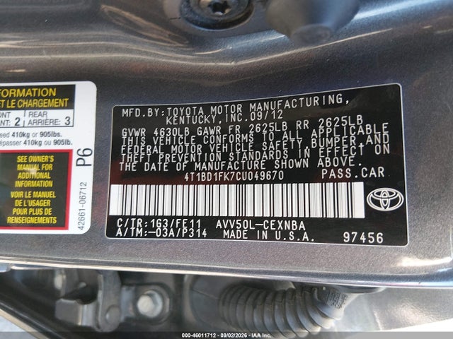 Aukcja sprzedaży 2012 Toyota Camry Hybrid Le, vin: 4T1BD1FK7CU049670, numer aukcji: 46011712