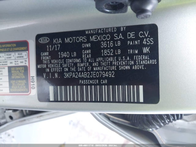 2018 Kia Rio Lx მანქანა იყიდება აუქციონზე, vin: 3KPA24AB2JE079492, აუქციონის ნომერი: 46011718