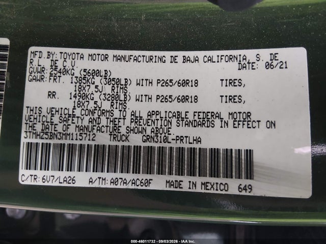 Продажа на аукционе авто 2021 Toyota Tacoma Limited, vin: 3TMHZ5BN3MM115712, номер лота: 46011732