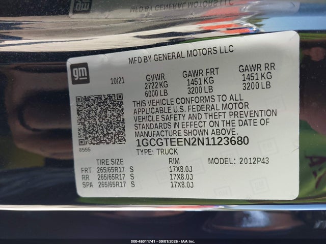 46011741 :رقم المزاد ، 1GCGTEEN2N1123680 vin ، 2022 Chevrolet Colorado 4wd  Short Box Zr2 مزاد بيع