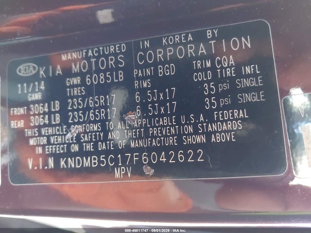 Aukcja sprzedaży 2015 Kia Sedona Lx, vin: KNDMB5C17F6042622, numer aukcji: 46011747