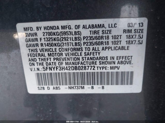 46011754 :رقم المزاد ، 5FNYF3H42DB028772 vin ، 2013 Honda Pilot Ex مزاد بيع