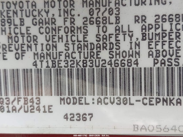 Продажа на аукционе авто 2003 Toyota Camry Le, vin: 4T1BE32K83U246684, номер лота: 46011762