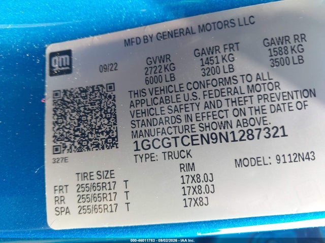 46011783 :رقم المزاد ، 1GCGTCEN9N1287321 vin ، 2022 Chevrolet Colorado 4wd  Short Box Lt مزاد بيع