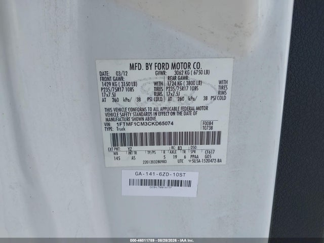 46011789 :رقم المزاد ، 1FTMF1CM3CKD65074 vin ، 2012 Ford F-150 Xl مزاد بيع