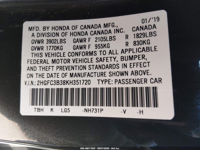 Honda CIVIC EX 2019 2HGFC3B38KH351720 Image 9