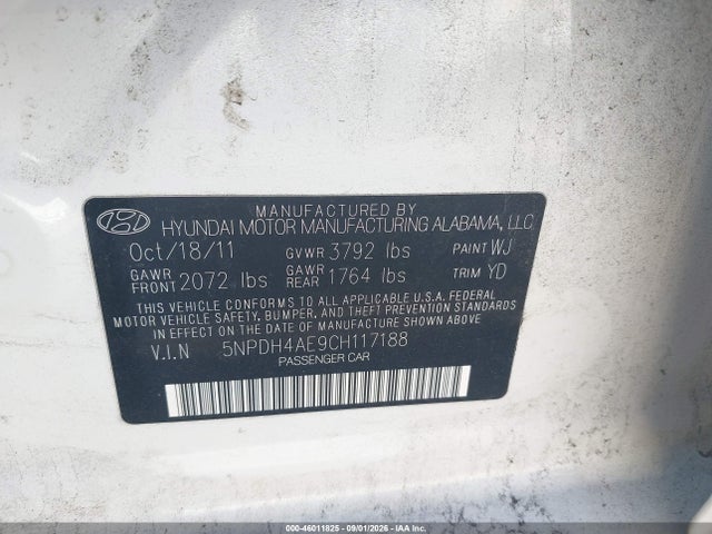 Aukcja sprzedaży 2012 Hyundai Elantra Limited, vin: 5NPDH4AE9CH117188, numer aukcji: 46011825