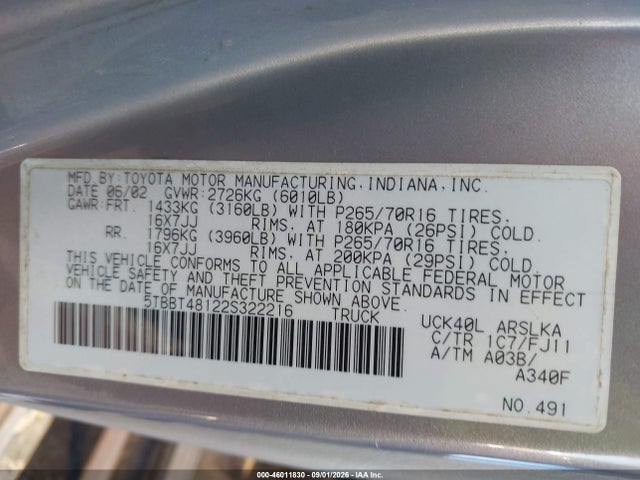 46011830 :رقم المزاد ، 5TBBT48122S322216 vin ، 2002 Toyota Tundra Ltd V8 مزاد بيع
