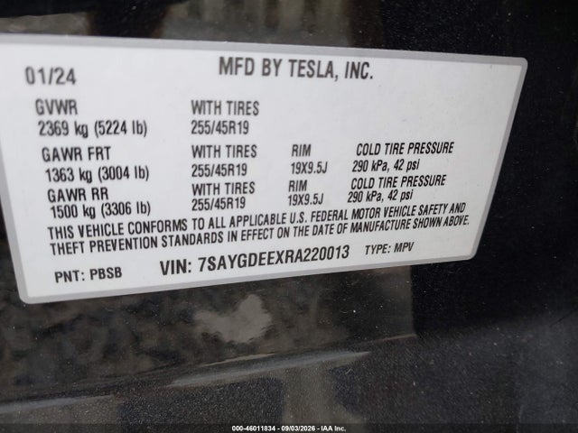 46011834 :رقم المزاد ، 7SAYGDEEXRA220013 vin ، 2024 Tesla Model Y Long Range Dual Motor All-wheel Drive مزاد بيع