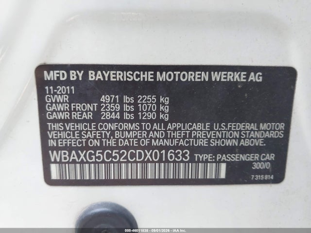 46011838 :رقم المزاد ، WBAXG5C52CDX01633 vin ، 2012 Bmw 528i مزاد بيع