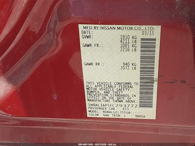 2015 Nissan Altima 2.5 S მანქანა იყიდება აუქციონზე, vin: 1N4AL3AP5FC293772, აუქციონის ნომერი: 46011845