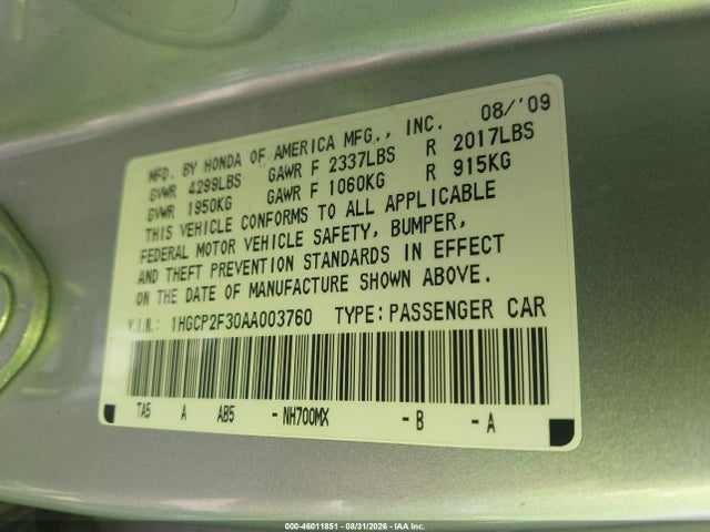 46011851 :رقم المزاد ، 1HGCP2F30AA003760 vin ، 2010 Honda Accord 2.4 Lx مزاد بيع
