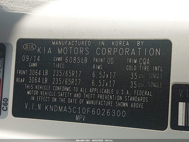 Продажа на аукционе авто 2015 Kia Sedona L, vin: KNDMA5C10F6026300, номер лота: 46011861