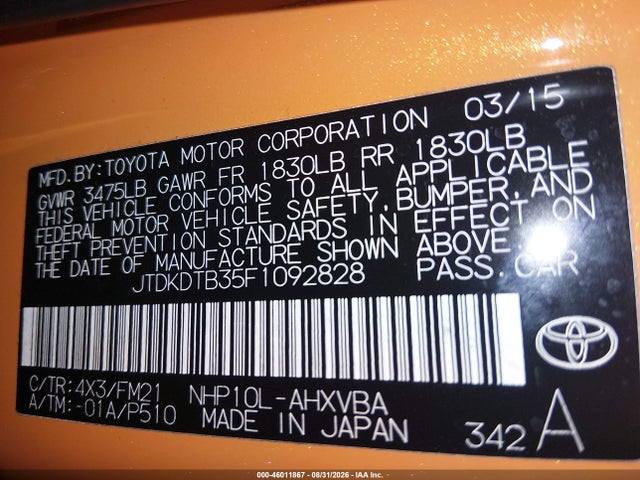 46011867 :رقم المزاد ، JTDKDTB35F1092828 vin ، 2015 Toyota Prius C Two مزاد بيع
