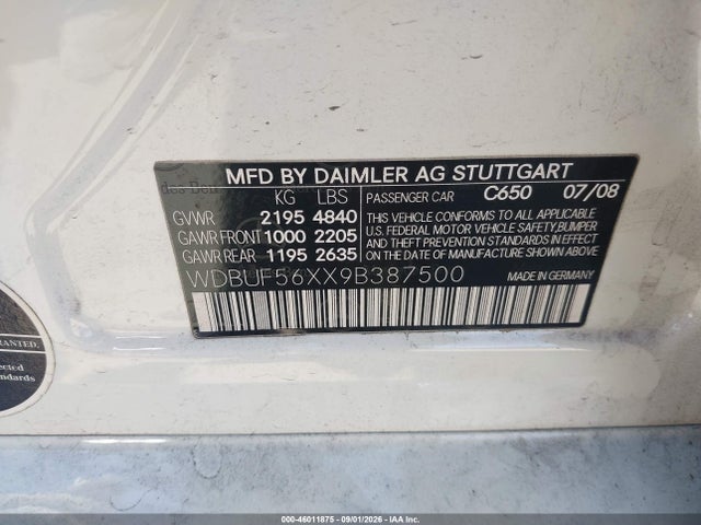 Aukcja sprzedaży 2009 Mercedes-benz E 350, vin: WDBUF56XX9B387500, numer aukcji: 46011875