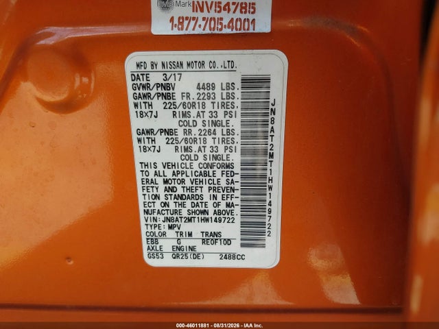 JN8AT2MT1HW149722 Nissan Rogue Sl