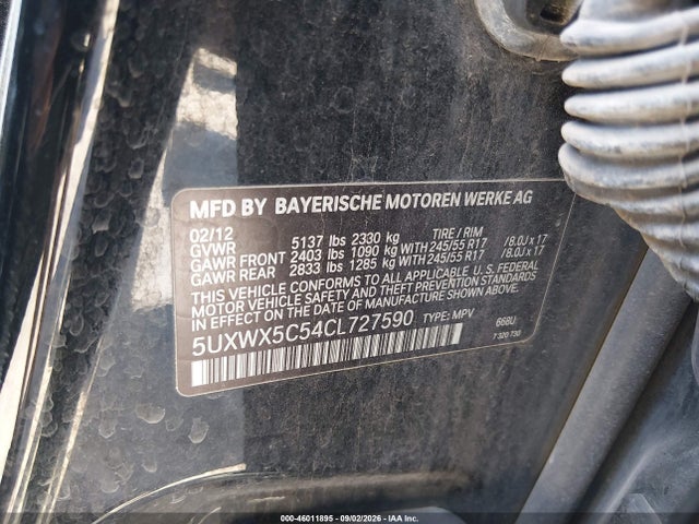 Продажа на аукционе авто 2012 Bmw X3 Xdrive28i, vin: 5UXWX5C54CL727590, номер лота: 46011895