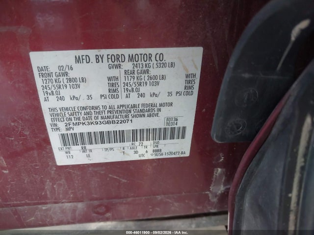2016 Ford Edge Titanium მანქანა იყიდება აუქციონზე, vin: 2FMPK3K93GBB22071, აუქციონის ნომერი: 46011900
