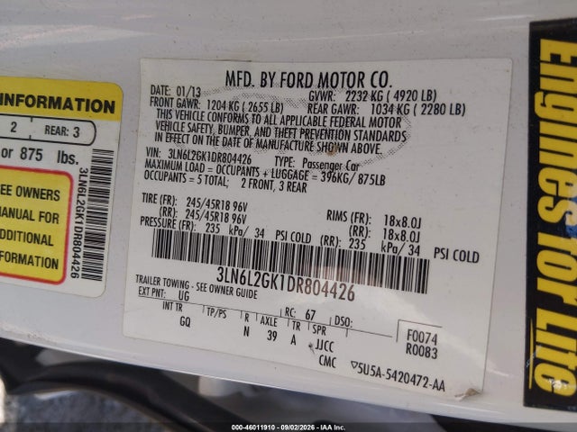 Продажа на аукционе авто 2013 Lincoln Mkz, vin: 3LN6L2GK1DR804426, номер лота: 46011910
