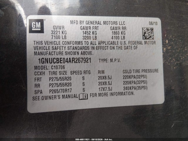 Продажа на аукционе авто 2010 Chevrolet Tahoe Lt, vin: 1GNUCBE04AR267921, номер лота: 46011921