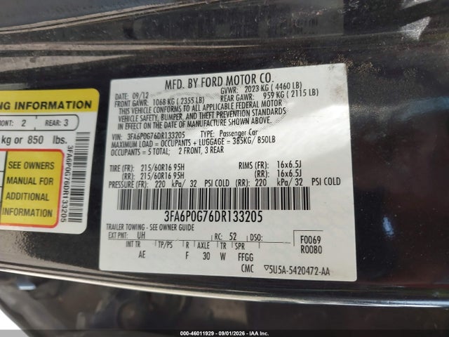 Aukcja sprzedaży 2013 Ford Fusion S, vin: 3FA6P0G76DR133205, numer aukcji: 46011929
