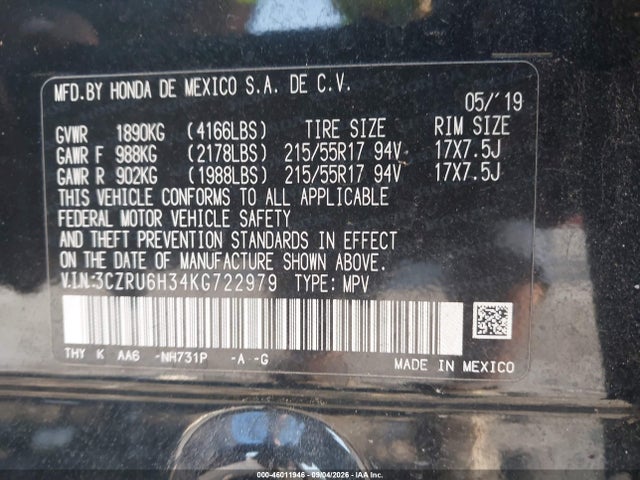 Продаж на аукціоні авто 2019 Honda Hr-v Lx, vin: 3CZRU6H34KG722979, номер лоту: 46011946