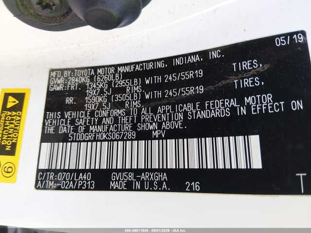 2019 Toyota Highlander Hybrid Limited მანქანა იყიდება აუქციონზე, vin: 5TDDGRFH0KS067289, აუქციონის ნომერი: 46011949