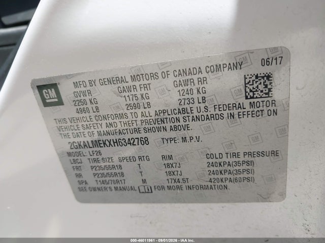 Auction sale of the 2017 Gmc Terrain Sle-1, vin: 2GKALMEKXH6342768, lot number: 46011961