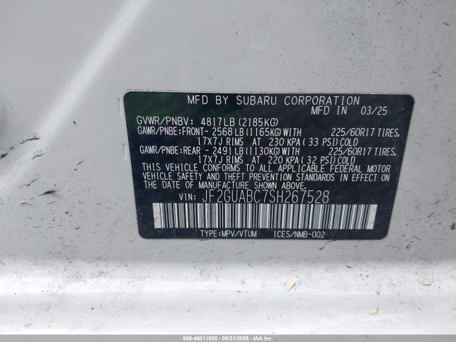 Auction sale of the 2025 Subaru Crosstrek, vin: JF2GUABC7SH267528, lot number: 46011980