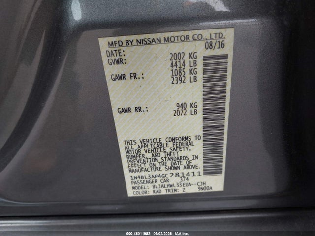 Aukcja sprzedaży 2016 Nissan Altima 3.5 Sr, vin: 1N4BL3AP4GC281411, numer aukcji: 46011982