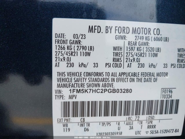 Продаж на аукціоні авто 2023 Ford Explorer Platinum, vin: 1FM5K7HC2PGB03280, номер лоту: 46011990