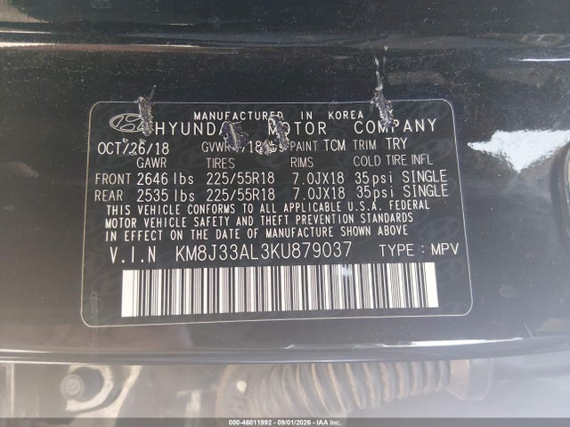 Продаж на аукціоні авто 2019 Hyundai Tucson Sel, vin: KM8J33AL3KU879037, номер лоту: 46011992