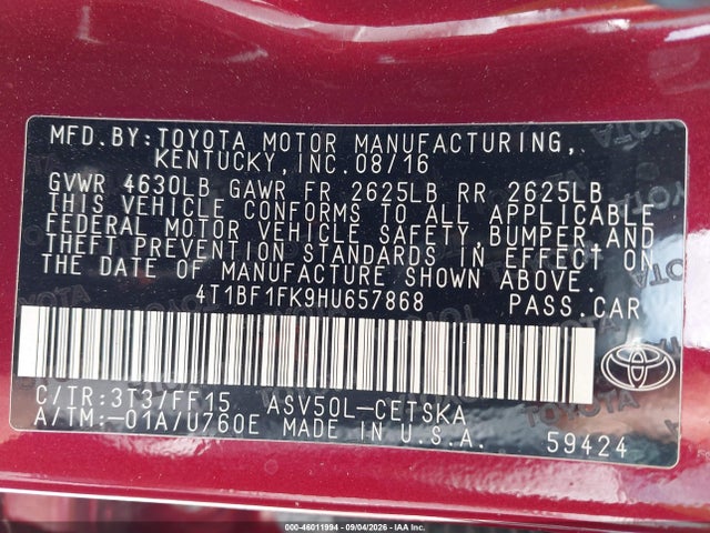 46011994 :رقم المزاد ، 4T1BF1FK9HU657868 vin ، 2017 Toyota Camry Se مزاد بيع