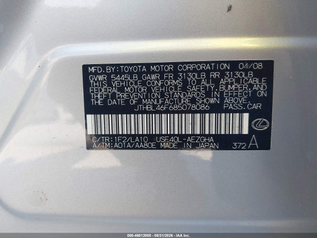 Продаж на аукціоні авто 2008 Lexus Ls 460, vin: JTHBL46F685078086, номер лоту: 46012000
