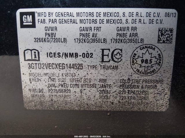 Aukcja sprzedaży 2014 Gmc Sierra 1500 Slt, vin: 3GTU2VECXEG144525, numer aukcji: 46012002