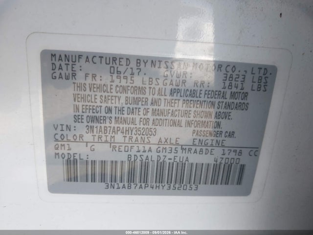 46012009 :رقم المزاد ، 3N1AB7AP4HY352053 vin ، 2017 Nissan Sentra Sv مزاد بيع