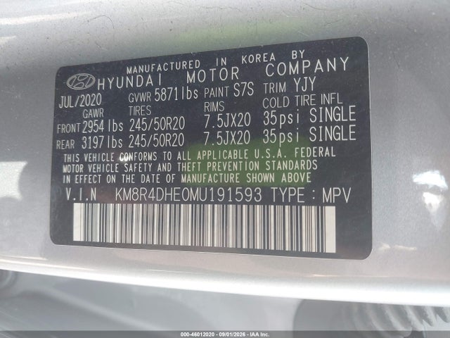 Продажа на аукционе авто 2021 Hyundai Palisade Sel, vin: KM8R4DHE0MU191593, номер лота: 46012020