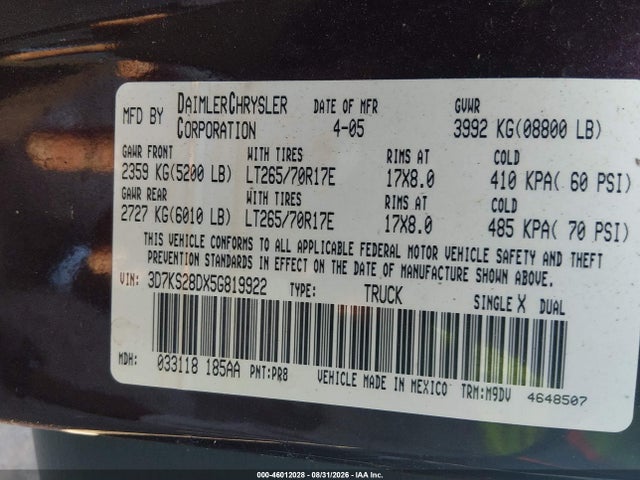 46012028 :رقم المزاد ، 3D7KS28DX5G819922 vin ، 2005 Dodge Ram 2500 Slt/laramie مزاد بيع