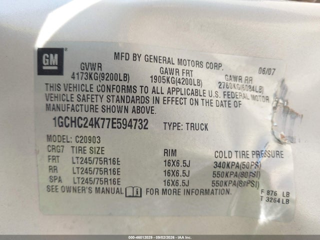 46012029 :رقم المزاد ، 1GCHC24K77E594732 vin ، 2007 Chevrolet Silverado 2500hd Work Truck مزاد بيع