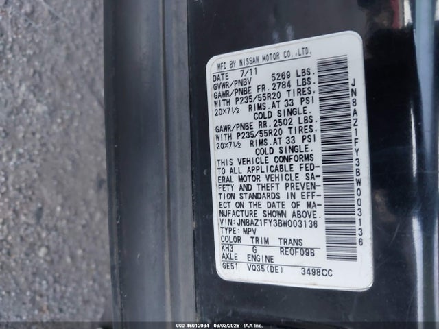 Продаж на аукціоні авто 2011 Nissan Murano Crosscabriolet, vin: JN8AZ1FY3BW003136, номер лоту: 46012034